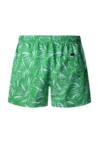 Zielone kąpielówki ze wzorem białych tropikalnych liści, elastycznym pasem i tylną kieszenią z małym czarnym guzikiem.