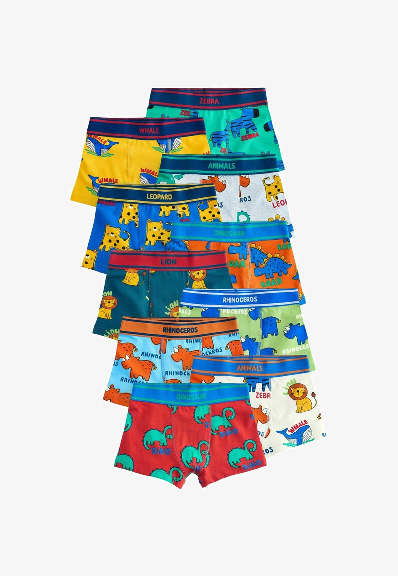 Boxers colorés pour enfants avec des imprimés d'animaux comprenant baleine, zèbre, léopard, lion, dinosaure et rhinocéros, chaque paire étiquetée à la ceinture.
