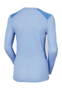 Camiseta atlética de manga larga en azul claro con acentos en azul más oscuro en los hombros. Presenta una tela texturizada y un escote redondeado.