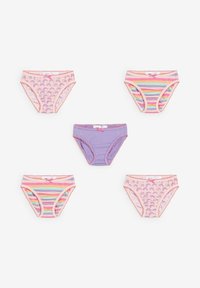 Cinque mutandine per bambini a forma di V; due rosa con arcobaleni, due a righe arcobaleno e una viola uniforme con bordi rosa.