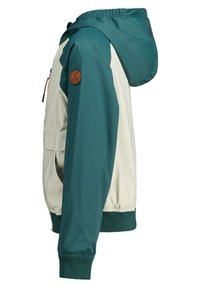 Giubbotto antivento teal e crema con cappuccio, polsini e orlo elasticizzati. Presenta una tasca laterale e una patch arancione con logo sulla manica.