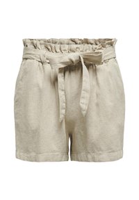 Shorts en lin beige avec une taille froncée et une ceinture à nouer ajustable, dotés de poches avant et d'une coupe décontractée. Texture lisse et douce.