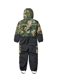 Kombinezon w kamuflażu, z zielono-beżowym wzorem, czarną dolną częścią, elastycznym pasem i regulowanymi paskami na nogach dla pewnego dopasowania.