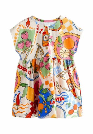 Šaty pre batoľa s farebnými potlačami jahôd, citrusového ovocia, chilli, chleba a fliaš, s nápisom „La Vita“ a krátkymi rukávmi.