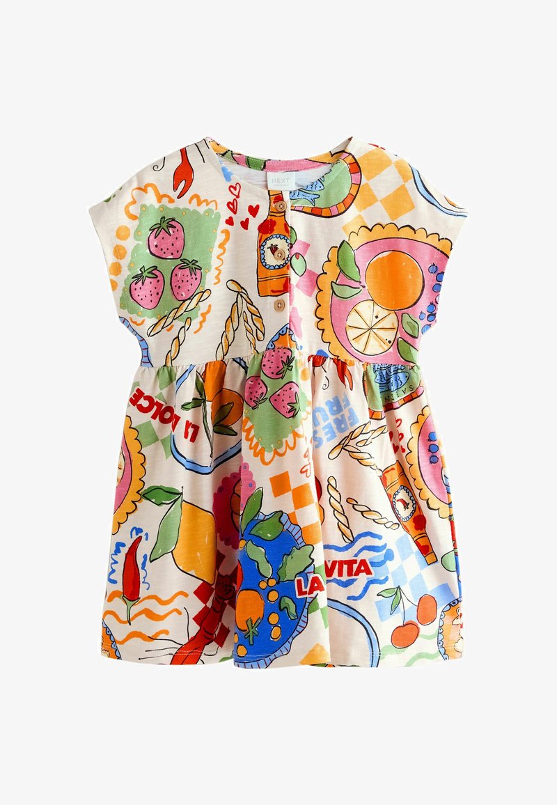Robe pour tout-petit avec des imprimés colorés de fraises, agrumes, piments, pain et bouteilles, avec le texte « La Vita » et des manches courtes.