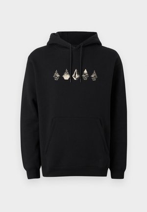 Sweat-shirt à capuche noir avec poche kangourou à l'avant et cinq formes blanches stylisées d'arbres imprimées sur la poitrine.