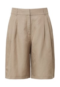 Shorts beige taille haute en tissu texturé, avec plis à l'avant et poches latérales, coupe droite.