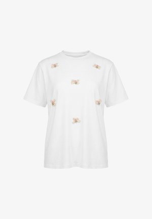 Hvid kortærmet T-shirt med seks små, pastelfarvede broderede sløjfer jævnt fordelt på fronten.