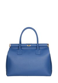 Blauwe leren handtas met een afgeronde vorm, twee bovenhandvatten en een gouden hardwareaccent. Textuur oppervlak met een gladde afwerking.