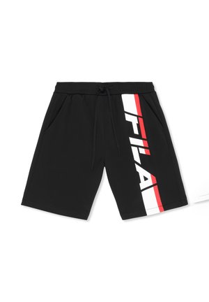 Pantaloncini atletici neri con tasche laterali e un grande logo verticale FILA bianco e rosso sulla gamba destra. Chiusura con coulisse in vita.