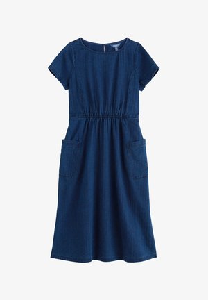 Tumši zila džinsa midi kleita ar īsām piedurknēm, apaļu izgriezumu, elastīgu jostasvietu, divām priekšējām kabatām un rāvējslēdzēja aizdari aizmugurē.