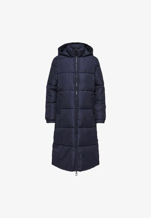 Manteau long rembourré couleur marine foncé avec capuche, doté d'une fermeture éclair sur le devant, de poignets élastiques et d'un design matelassé horizontal. Texture douce et lisse.