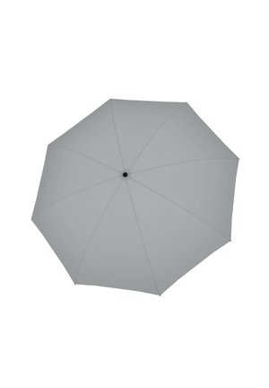 Gray umbrella opened, viewed from above, showing its eight panels and central black tip against a white background.