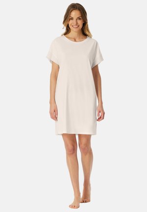 Short white nightgown made from soft fabric, featuring short sleeves and a relaxed fit, with subtle textured accents at the sleeve edges.