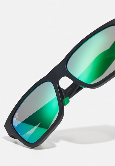 Black sunglasses with green mirrored lenses, featuring a rectangular frame and rubberized green nose pads.