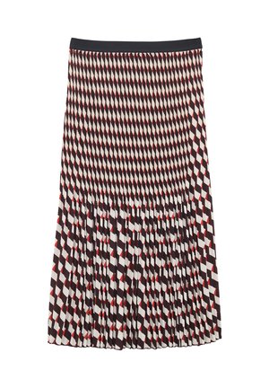 Faltenrock mit geometrischem Muster in Rot, Weiß und Schwarz. Hergestellt aus leichtem Stoff mit elastischem Taillenbund.