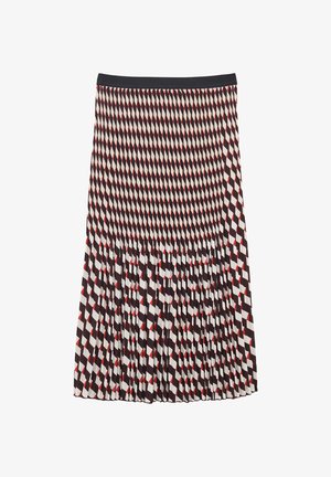 Faltenrock mit geometrischem Muster in Rot, Weiß und Schwarz. Hergestellt aus leichtem Stoff mit elastischem Taillenbund.