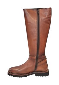 Bruine leren knielange laars met een rits aan de zijkant, een ronde neus en een gestructureerde zool. Heeft een banddetail bij de enkel.