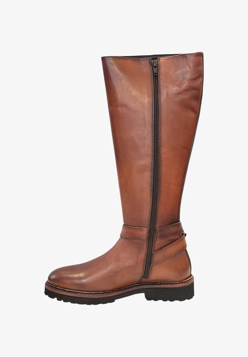 Bruine leren knielange laars met een rits aan de zijkant, een ronde neus en een gestructureerde zool. Heeft een banddetail bij de enkel.