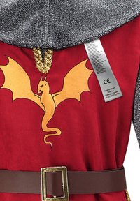 Red costume with a textured gray hood, featuring a gold dragon graphic on the front and a brown belt with a gold buckle. Care label visible.