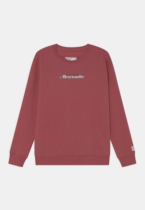 Langærmet crewneck sweatshirt i dusty rose med "Abercrombie" tekstlogo centreret på brystet og et lille mærke på venstre ærmekant.