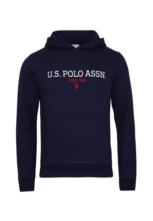 Navyblå hætte sweatshirt lavet af bomuldsblanding. Har en frontlomme og hvid broderet tekst med røde detaljer.