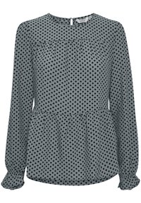Blusa grigia con pois neri, maniche lunghe, scollo rotondo, dettagli arricciati sotto il seno e chiusura con bottoni sul retro.