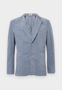 Light blue corduroy blazer with two front pockets and two buttons, featuring a notched lapel collar.