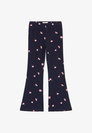 Pantalon enfant bleu marine avec imprimé de marguerites roses, taille élastique et jambes légèrement évasées.
