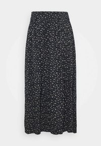 Gonna midi plissettata nera con piccolo motivo floreale bianco e vita aderente, esposta su sfondo bianco.