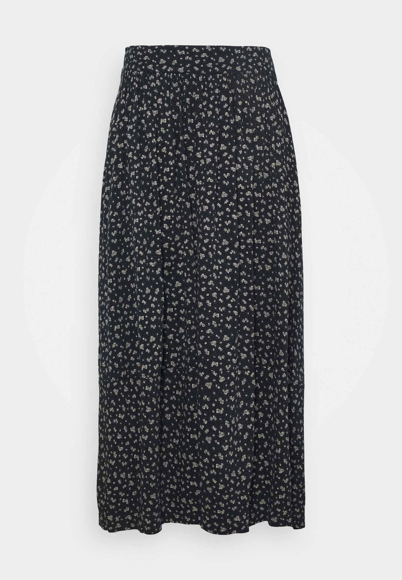 Gonna midi plissettata nera con piccolo motivo floreale bianco e vita aderente, esposta su sfondo bianco.