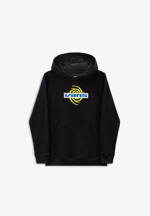 Sweat à capuche noir avec une poche avant, arborant un grand logo "VANS" bleu et un design tourbillonnant jaune sur la poitrine. Texture de tissu douce.