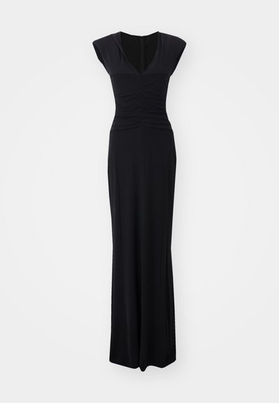 Vestido negro sin mangas con escote en V, cuerpo fruncido y silueta recta hasta el suelo. Hecho de una tela suave y elástica.