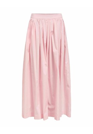 Jupe longue rose clair avec des plis froncés et une ceinture ajustée, tissu fluide et longueur midi.
