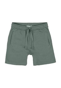 Groene shorts met een wafelstructuur, voorzien van een elastische tailleband, trekkoord en twee zijzakken; casual ontwerp voor comfort en veelzijdigheid.