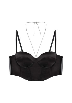 Black bra with underwire and satin finish. Features adjustable straps and a center metallic accent. Smooth texture and structured shape.