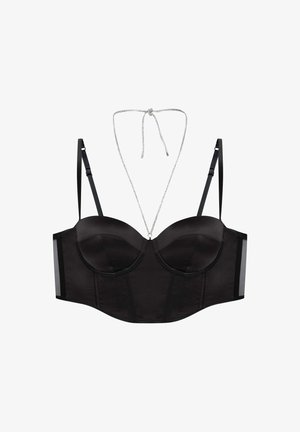 Schwarzer BH mit Bügel und satinierter Oberfläche. Verfügt über verstellbare Träger und ein metallisches Zentrumselement. Glatte Textur und strukturierte Form.