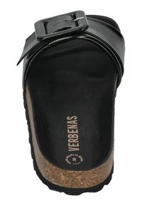 Black patent slide sandal with wide strap and square buckle, featuring a textured cork footbed and rubber outsole for grip.