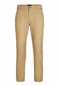 Pantaloni beige con design a gamba dritta, realizzati in un tessuto liscio, dotati di chiusura con bottone e tasche anteriori. Senza motivi visibili.