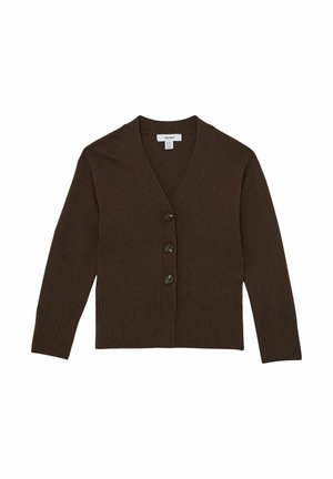 Hnědý kardigán vyrobený z pleteného materiálu, s hlubokým výstřihem do V, pěti knoflíky vpředu a žebrovanými lemy a manžetami.