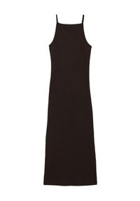 Abito maxi senza maniche nero con spalline sottili e una silhouette semplice e dritta su uno sfondo bianco.