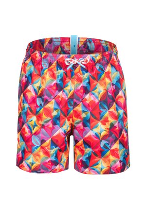 Mænds badeshorts med farverigt geometrisk mønster i rød, blå, gul og pink, med elastisk talje og hvid snor.