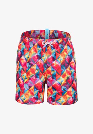 Short de bain homme avec motif géométrique coloré en rouge, bleu, jaune et rose, doté d'une taille élastique et d'un cordon blanc.