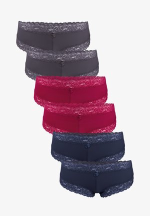 Lace-trimmed briefs in gray, pink, and navy. Features a smooth body, decorative lace waistband, and small bow accents at the front.