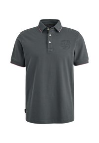 Polo shirt gris foncé en coton, avec un col à deux boutons, logo brodé sur la poitrine et accents roses sur le col et les manches.