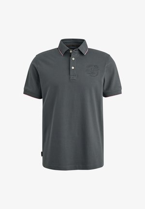 Mørkegrå polo t-shirt lavet af bomuld, med en placket til to knapper, broderet logo på brystet og lyserøde detaljer på kraven og ærmerne.