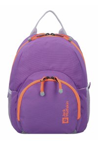Purple backpack with orange accents, dual zippers, a front pocket, and mesh side pockets. Features adjustable straps and a top handle.