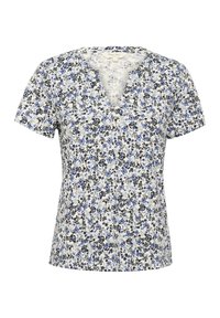 Blusa de mujer de manga corta y escote en V blanca con un pequeño estampado de flores en azul y negro.