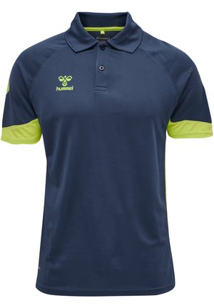 Marineblå polo t-shirt med korte ærmer, med limegrønne detaljer på skuldrene og kraven. Fremstillet af struktureret, åndbart stof.