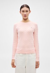 Ružový sveter s dlhými rukávmi, okrúhlym výstrihom a rebrovaným lemom. Jemné vyšívané logo na hrudi, v kombinácii so svetlými nohavicami.